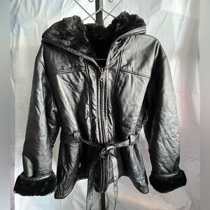 WILSONS Women's Black Belted Leather Jacket with Hood and Faux Fur Lining